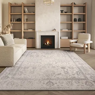 SAFAVIEH Teppich 183 x 274 cm - Adirondack Collection - Transitional Design, Elfenbein & Silber, Pflegeleichte Synthetikmischung, Ideal für Wohnzimmer, Schlafzimmer, Büro (ADR109C)
