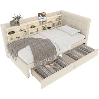 Flieks Tagebett 90x200cm Beige Leinen 2 Schubladen Usb-C Ablagefächer , Holz , 90x200 cm , Schlafzimmer, Betten