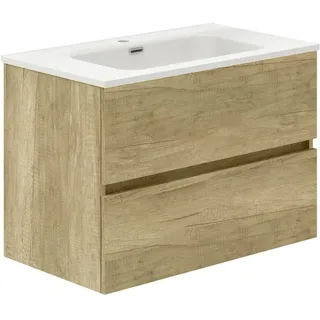 Baikal Badezimmerschrank, Zwei Schubladen, Wandmontage, mit Waschbecken, Melamin 16, montiert, Möbel 70 cm, Natur, ohne Spiegel