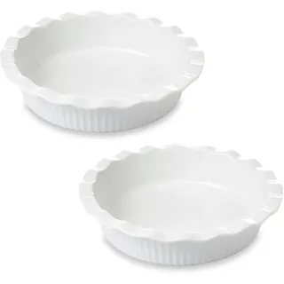 WishDeco Tarteform Keramik 2er Set, Quicheform Weiß mit Gewelltem Rand 23cm / 1500ml, Pie Form Rund für Quiche, Muffins, Apple Pie