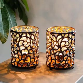 JHY DESIGN 2er Set Batteriebetriebene Lampe 16 cm Hoch mit 6-Stunden-Timer Metall Tischlampe Vintage Schnurlose Lampen LED-Batterielaterne Laterne Nachttischlampe für Deko Indoor Outdoor (Schwarz)