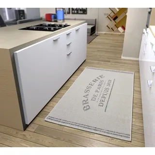 HANSE HOME Brasserie de Paris Küchenläufer – Küchenteppich Läufer Teppich mit Schriftzug, rutschfest Pflegeleicht Robust, ÖKO-TEX Teppichläufer für Küche, Flur, Esszimmer – Creme Grau, 92x150cm