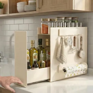 2-Etagen Gewürzregal ausziehbar, Küchen Organizer Arbeitsplatte, Creme | Mit Schublade, Küchenrollenhalter und 4 Haken, Ohne Montage, Für hohe Flaschen, Magnetische Seiten, Kugellagerschienen