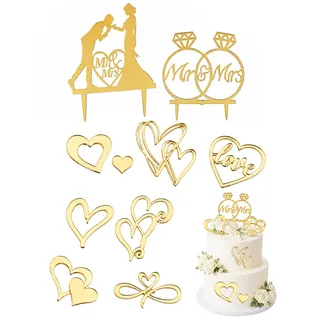 KAHZOR 8 Stück Tortendeko Hochzeit Kuchen Topper Set | 1x Groß, 1x Diamantring & 6x Herzen | Für Hochzeitstorte, Mr & Mrs & Brautpaar Deko | Elegante Tortenstecker