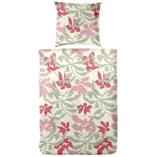 Primera Biber-Bettwäsche Matisse floral Grün/Rot 155 x 220 cm + 2 x 80 x 80 cm