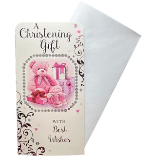 "Express Yourself" Geldkarte – Taufgeschenk – inklusive Umschlag – rosa Teddybär und Geschenke Design – innen blanko für "von" und "zu" Informationen