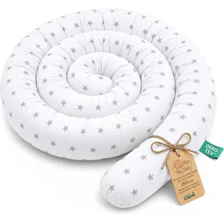 XXL Bettschlange Bettkissen Stillkissen Bettrolle Bettkantenschutz Zierkissen Bettumrandung Schlange XL Handmade Graue Sterne auf Weiß 150 cm -Zertifikat - Grau