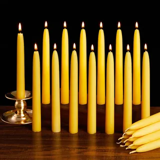Ashlux Bienenwachs Stabkerzen & Spitzkerzen – 24 Stück Gelb, handgemacht, 8 Std. Brenndauer – tropffrei, rußfrei & geruchsneutral – für Weihnachten, Hochzeit, Meditation & Alltag