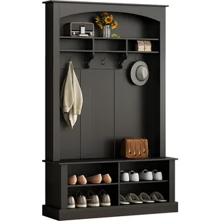 Garderoben-Set mit Sitzfläche, Schuhregal und Haken, Flurgarderobe, Kompaktgarderobe, Wandgarderobe - Schwarz