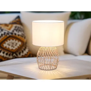 LED Tischleuchte Boho Stil Nachttischlampe Rattan Natur Stoffschirm Weiß Ø25cm