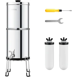 Vevor Schwerkraft Wasserfiltersystem Edelstahl Arbeitsplattensystem 7,8+8,5 L Wasserfiltrationssystem, reduziert Blei und bis zu 99 % Chlor, mit 2 Keramik-Kohlefiltern Zapfhahn, Camping Wohnmobil
