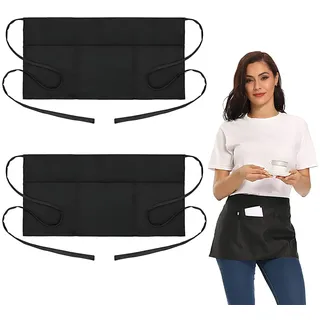 2 Stück Kellnerschürze, 30 x 60cm Kellner Schürze Schwarz Taillenschürze Vorbinder Schürzen mit 3 Taschen Unisex für Cafe Küche Restaurant Bar kellnerschürze kittelschürze damen küchenschürze