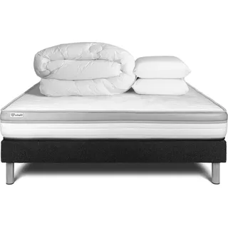 Komplettpaket Bett - Matratze 160x200 cm + Boxspringbett mit Lattenrost (im Set) + 2 Kopfkissen + Bettdecke - Vital Relax - Schwarz