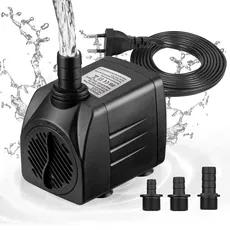 Mini Water Pump, (1800L/H, 25W) Pond Pump/Fountain Pump/Aquarium Pump, Fountain Pump Maximum Spray Height 2 m, Suction Cups on the Bottom, 1.8 m Plug Cable with 3 Nozzles, Low Noise
