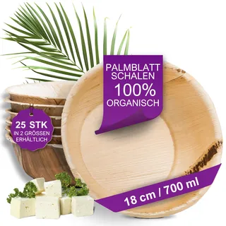 Waipur Bio Palmblatt Schalen - 25 große Schüsseln Ø 18 cm / 700 ml - Premium Einweggeschirr kompostierbar - Einweg Suppenschalen ähnl. Bambus-Schüssel