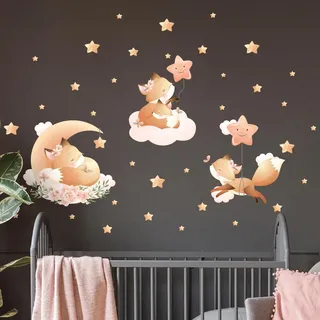 Ambiance Sticker Wandsticker Kinder - Deko Babyzimmer - Wandtattoo Kinderzimmer - Wandaufkleber Fuchs in den Sternen - H60 x L90 cm