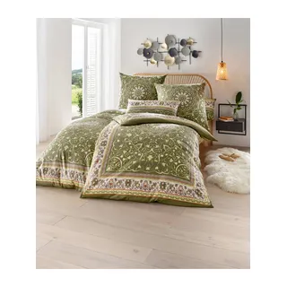 Bettwäsche HEINE HOME Gr. 3, grün (khaki, bedruckt), B/L: 155cm x 220cm, Mako-Satin, B/L: 80cm x 80cm, 2 Stk., Mako-Satin, 100% Baumwolle, Bettwäsche, Bettwäsche