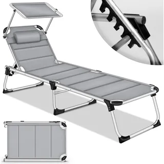 tillvex® Sonnenliege mit Dach und Kopfkissen Grau - Premium Polsterung | Gartenliege Liegestuhl klappbar | Strandliege mit verstellbarer Rückenlehne, gepolsterte Liegefläche | Aluminium Liege - Grau