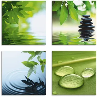 Artland Leinwandbild "Blätter Wasser Zen Steinpyramide Tropfen" Zen 4 Stk. tlg. 4er Set, verschiedene Größen, farbe bild(er): grün