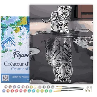 Figured'Art Malen Nach Zahlen Erwachsene Mit Rahmen Katze und weißer Tiger - Paint by Numbers Basteln DIY Bastelset 40x50cm Leinwand gespannt auf Holzrahmen