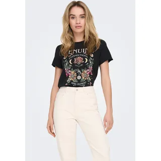 Rundhalsshirt ONLY "ONLLUCY REG S/S TOP JRS NOOS", Damen, Gr. M, schwarz (schwarz print:genuine), Single Jersey, Obermaterial: 100% Baumwolle, bedruckt, regular fit normal, Rundhals, Shirts Rundhalsshirt, unterschiedlich bedruckt