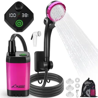 WADEO Tragbare Campingdusche Akku mit Pumpe, Camping Dusche mit wiederaufladbarem 6000-mAh-Akku und doppelter Digitalanzeige, Mobile Duschen mit Duschkopf, für Camping Reisen Garten (Lila, Typ C)