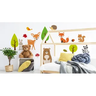 Muralo Wandsticker Bunte Waldtiere 100 x 200 cm Wandtattoo Wanddeko Aufkleber Set Kinderzimmer XXL - Rot, Gelb, Grün, Schwarz, Weiß, Beige, Braun, Orange, Grau, Bunt