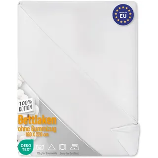 Bettlaken ohne Gummizug Baumwolle 2er Set: 180x220 cm - Bed Sheets Betttuch ohne Gummi und Laken Bedsheets Baumwollstoff weiß und Kochfest mit Oeko-Tex-Zertifikat 180 x 220