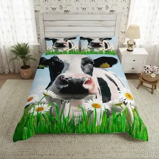 Feelyou Großes Kuh-Bettwäsche-Set Mit Whiye Daisy Flower Green Grass 135 x 200 cm - Bauernhoftier-Design für Kinder, Jungen, Mädchen, Teenager - 2-Teilig Mit Reißverschluss, Mikrofaser