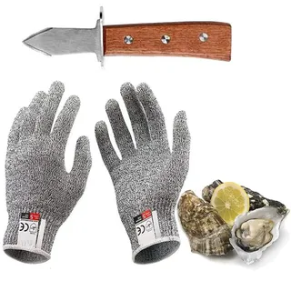Kaqisen Austernmesser-Set, mit 6.7 Zoll Oyster Knife und Einem Paar Schnittfester Handschuhe der Klasse 5, Griff aus Eichenholz, Klasse A, Dreifach Vernietet, für Schalentiere oder Hartkäse