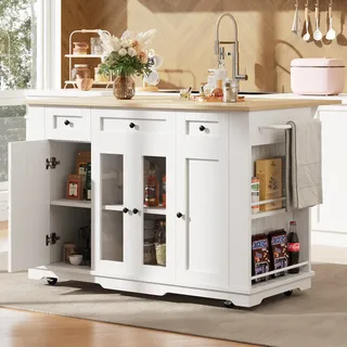 MODFU Sideboard Küchenschrank, Kücheninsel, Aufbewahrungsschrank abnehmbare Trennwände,Esszimmerwagen mit Arbeitsplatte,Buffetschrank,Weiß - Weiß