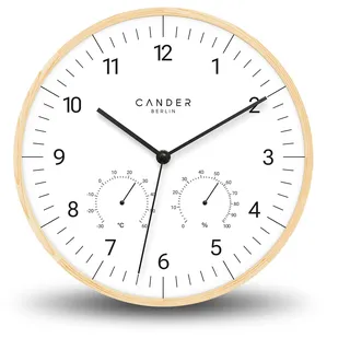 Cander Berlin MNU 8130 W Wanduhr Massivholz lautlos 30 cm modern Temperatur Vintage ohne Ticken Wohnzimmer Küche analog
