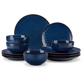 ALACASA LYDIA Geschirrset 4 Personen, Tafelservice 12-tlg Steingut Blau