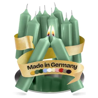 Kerzenfeld® 10 Stück, Kurze Stabkerzen Salbeigrün, 100 x 22 mm, 2-fach getaucht, lange Brenndauer 4+ Stunden, echte Manufakturqualität aus Deutschland, RAL-Zertifiziert und tropffrei