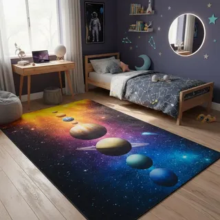 TAPISO Cosmo Game Teppich Kinderzimmer Kosmos | Kinderteppich Spielteppich Kinder Bunter Lernteppich Weltraum | Kurzflor, rutschfest, Pflegeleicht, Pädagogisch Dekorativ 180 x 250 cm