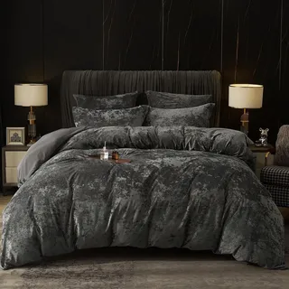Bettwäsche-Set Samt 200x200 cm Grau mit 2 Kissenbezügen 80x80 cm Flauschig - Grau