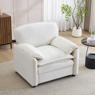 Weißes Retro-Einzelsofa mit seitlichen Aufbewahrungstaschen, geeignet für kleines Wohnzimmer, Balkon, Arbeits- & Schlafzimmer - Weiß