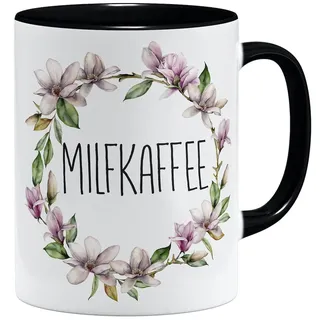OM3® witzige Milfkaffee Milf Kaffee-Tasse mit Spruch - blumig Blümchen - Keramik Becher - 325ml - Beidseitig Bedruckt - Schwarz