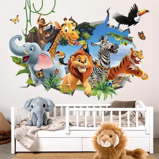 decalmile Wandsticker Dschungel Tiere 3D Wandtattoo Safari Tiere Löwe Zebra Giraffe Tropische Blätter Wandaufkleber Kinderzimmer Jungen Babyzimmer Schlafzimmer Wanddeko