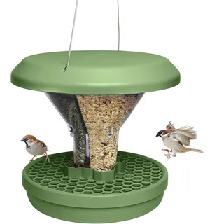 SWISSINNO Vogelfutterhaus zum Aufhängen – Davos SMART Birds - Vogelfutterspender mit Auffangschale - Futterstation für Vögel - Futtersilo Rattensicher - Vogelhaus für Garten & Balkon - Salbei
