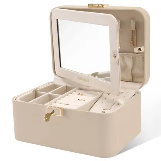 KAMIER Schmuckkästchen mit Spiegel und Schloss, 2-stöckige luxuriöse und geräumige Schmuckschatulle aus hochwertigem Flanell für Damen, Ringe, Ohrringe, Armbänder und Halsketten, Beige