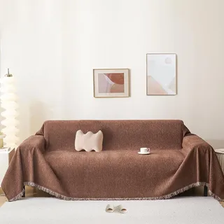 BUSVORES Sofa Überwurfdecke, Chenille Mit Fransen Sofabezug, AntiRutsch Couch Schutz für Haustiere Haare Kinder Hund Katze, Vielseitige Dekorative Sofaüberwurf für Familie(Braun, 230x380 cm)