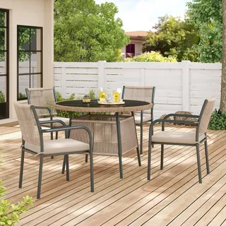 Flieks Rattan Gartenlounge-Set 5-tlg. für 4 Personen, 4 Essstühlen mit Rundem Glastisch, Gartenloungeset Sitzgruppe mit Eisengestell, Grau - Grau