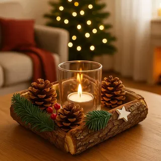 KAMACA Adventsgesteck mit Deko wie Tannenzapfen Beeren Einer Holzumrandung und Glas Teelichthalter Advent Weihnachten Adventsdekoration Kerzenständer (Adventsgesteck 1 Teelichthalter 16x16x8 cm)