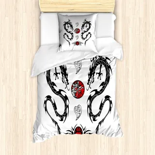 ABAKUHAUS japanische Drachen Mantele, Tattoo Asian, Milbensicher Allergiker geeignet mit Kissenbezügen, 135 cm x 200 cm - 80 x 80 cm, Schwarz Weiß Rot - Schwarz