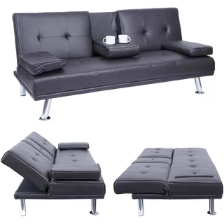 3er-Sofa HWC-F60, Couch Schlafsofa Gästebett, Tassenhalter verstellbar 97x166cm Kunstleder, braun - Braun