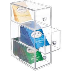 mDesign Küchen Organizer mit 3 Schubladen – ideal als Teebox zum Sortieren der verschiedenen Teebeutel – Aufbewahrungsbox aus Kunststoff für Süßstoff, Zucker, Salz etc. – durchsichtig