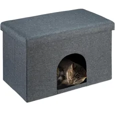 Relaxdays Katzenhöhle mit Sitzauflage, Faltbarer Sitzhocker, Versteck für Katzen & Hunde, HxBxT: 38,5x64,5x37,5 cm, grau