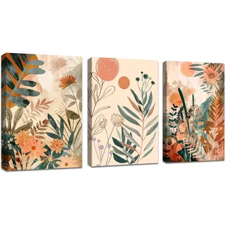 3Pcs Boho Bilder c Set mit Rahmen, Abstract Blätter und Sonne Leinwand Bilder Nordische Minimalistisch Modern Pflanze Wandbilder Wohnzimmer Schlafzimmer Esszimmer Wand deko 90x40cm(30x40x3)