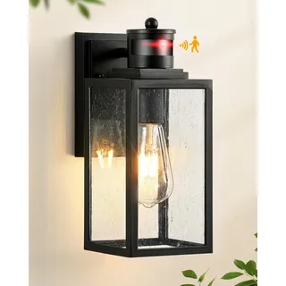 VIANIS Außenleuchte mit Bewegungsmelder, Modern PIR Aussenlampe Wand für Häuser, E27 Wandleuchte Schwarz mit Seed-Glas, Wasserdichte Außenbeleuchtung aus Aluminium, Außenlampe Eingangsleuchte für Flur